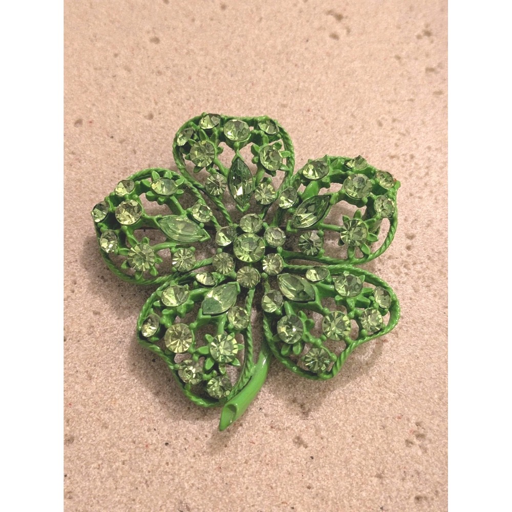 Bright Green Rhinestone Clover Brooch Large Statement Saint Patricks Day Pin